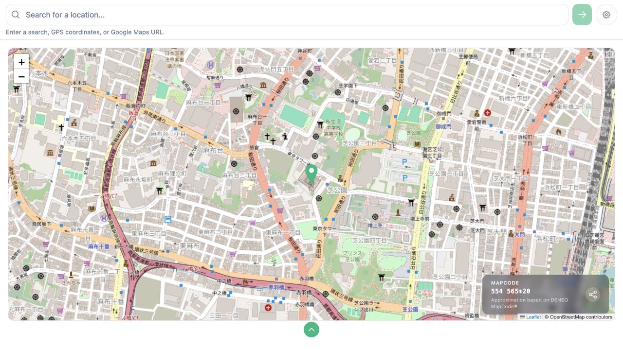 The desktop Mapcode application displaying the Tokyo Tower area